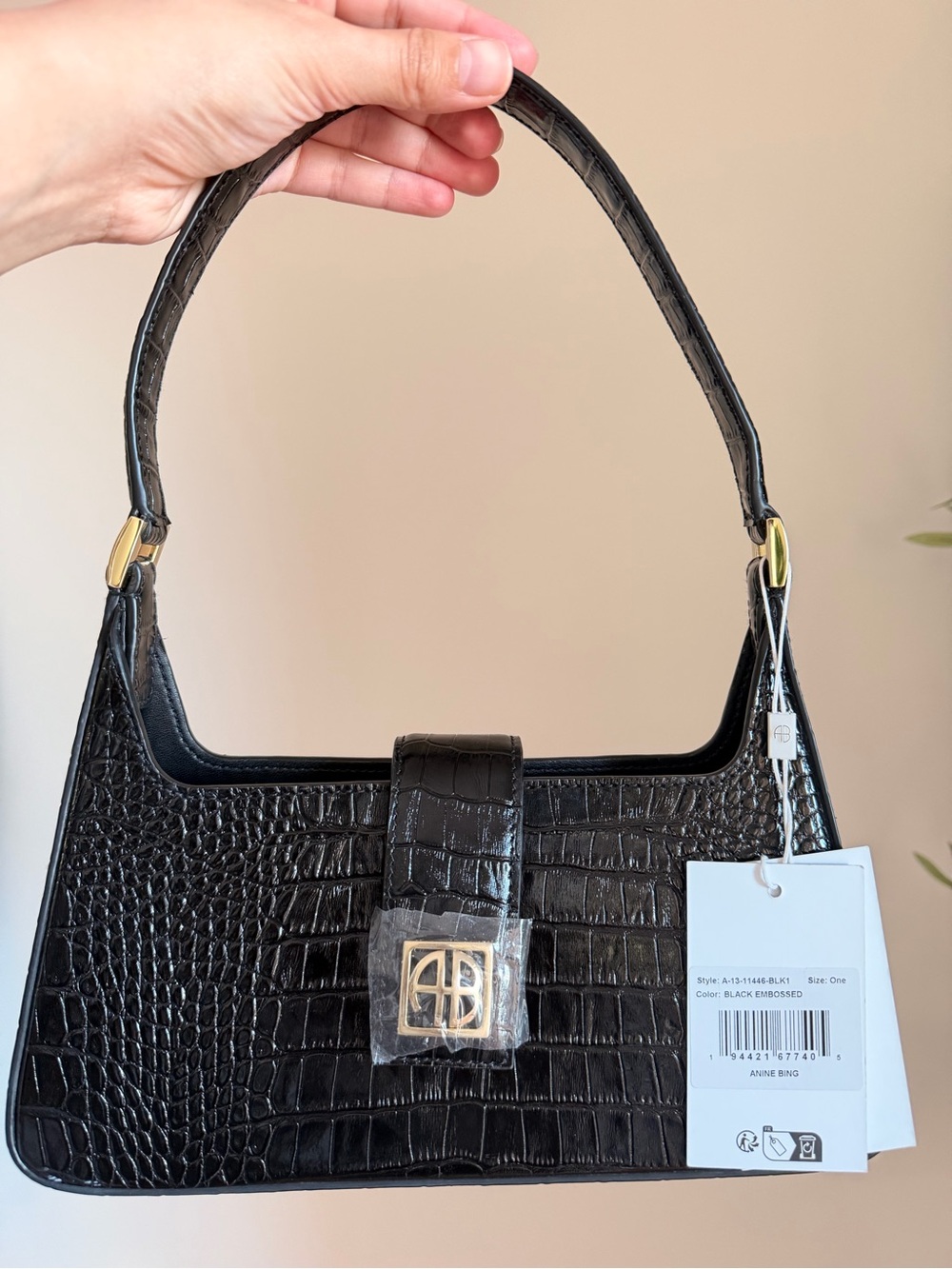 Anine Bing Black Croc-Embossed Shoulder Bag with Gold Hardware